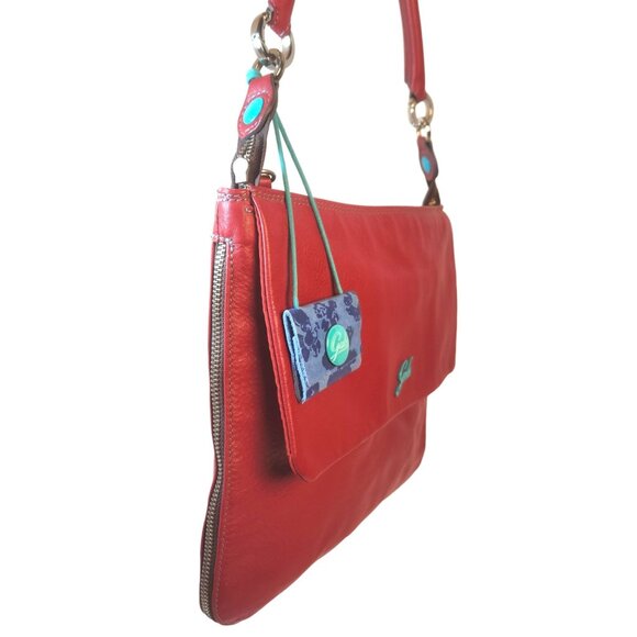 GABS Italian Red Leather Expandable Flat Shoulder Bag Turquoise Buttons - Picture 5 of 14